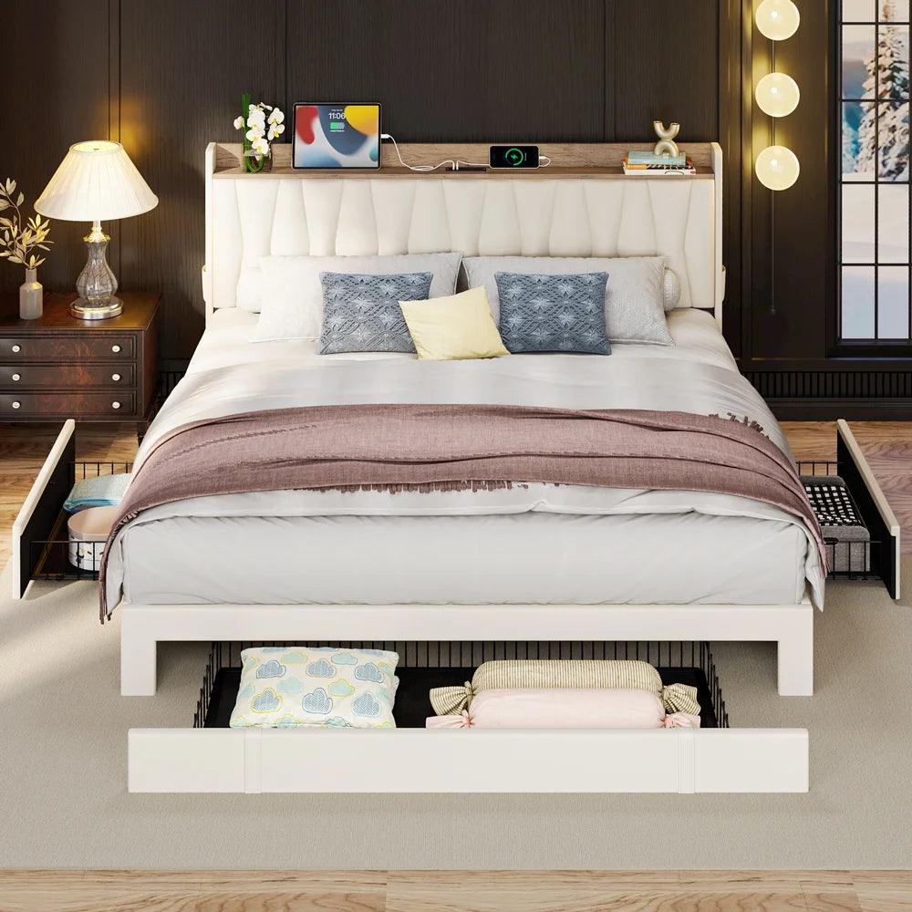 Queen Bed Frame with Upholstered Storage Headboard, 3 Drawers E272