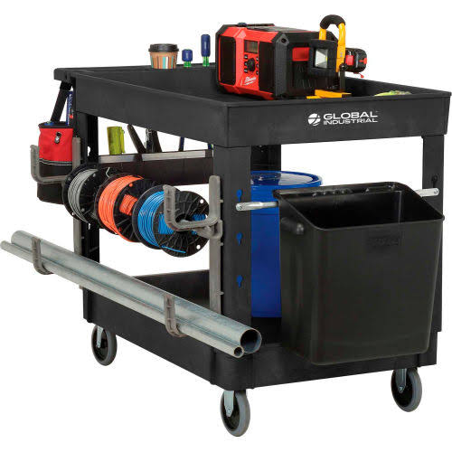 Industrial Utility Cart, Plastic 2 Tray Black Shelf, 5 inch Rubber Casters N69630