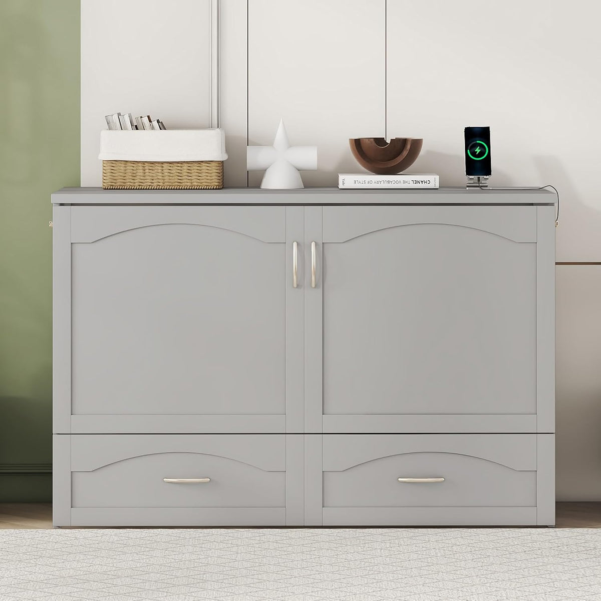 Gray Queen Size Murphy Bed with Storage Drawers T6587