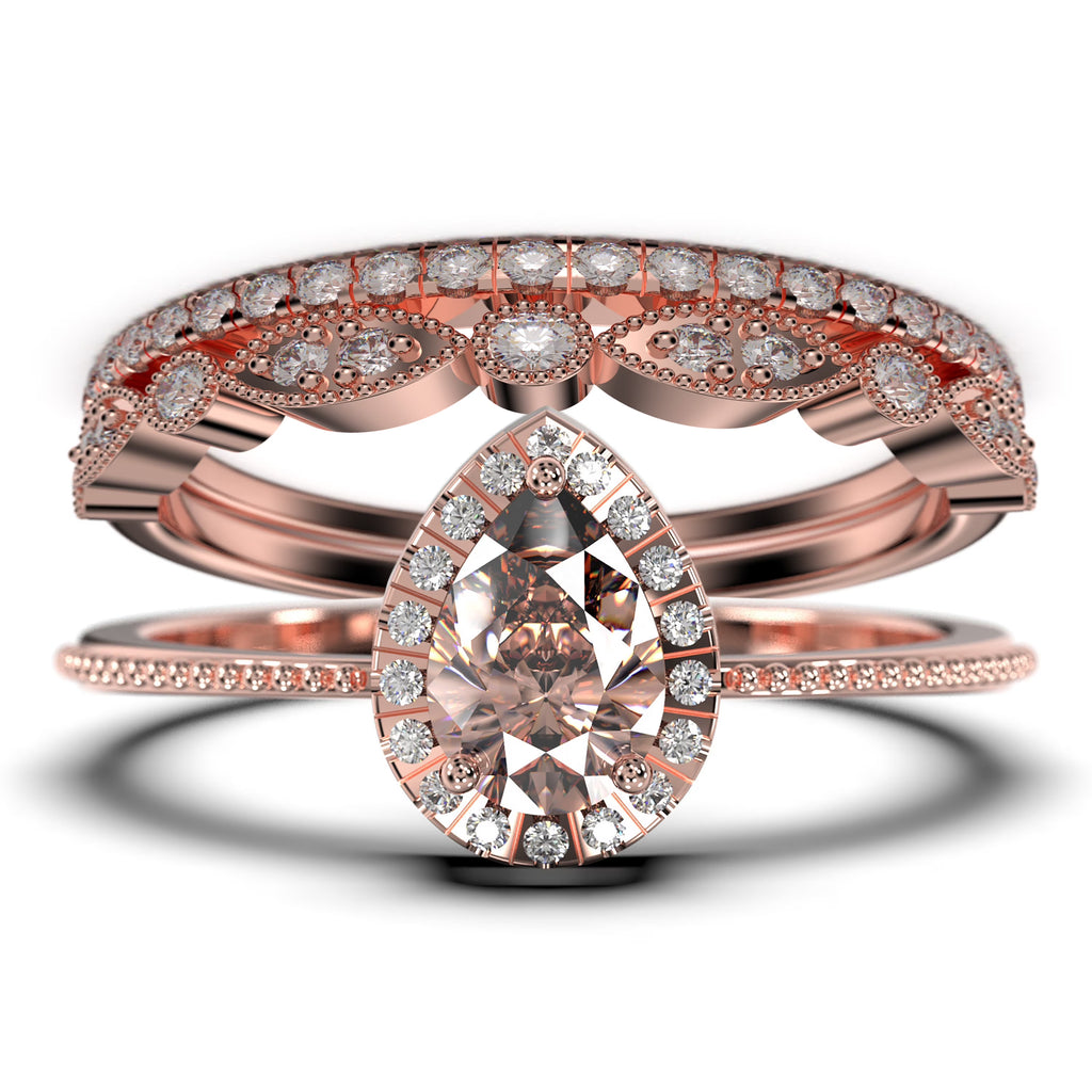 Vintage Pear Cut Morganite And Diamond Moissanite Engagement Ring Set in 925 Sterling Silver With 18k White Gold Plating N6698