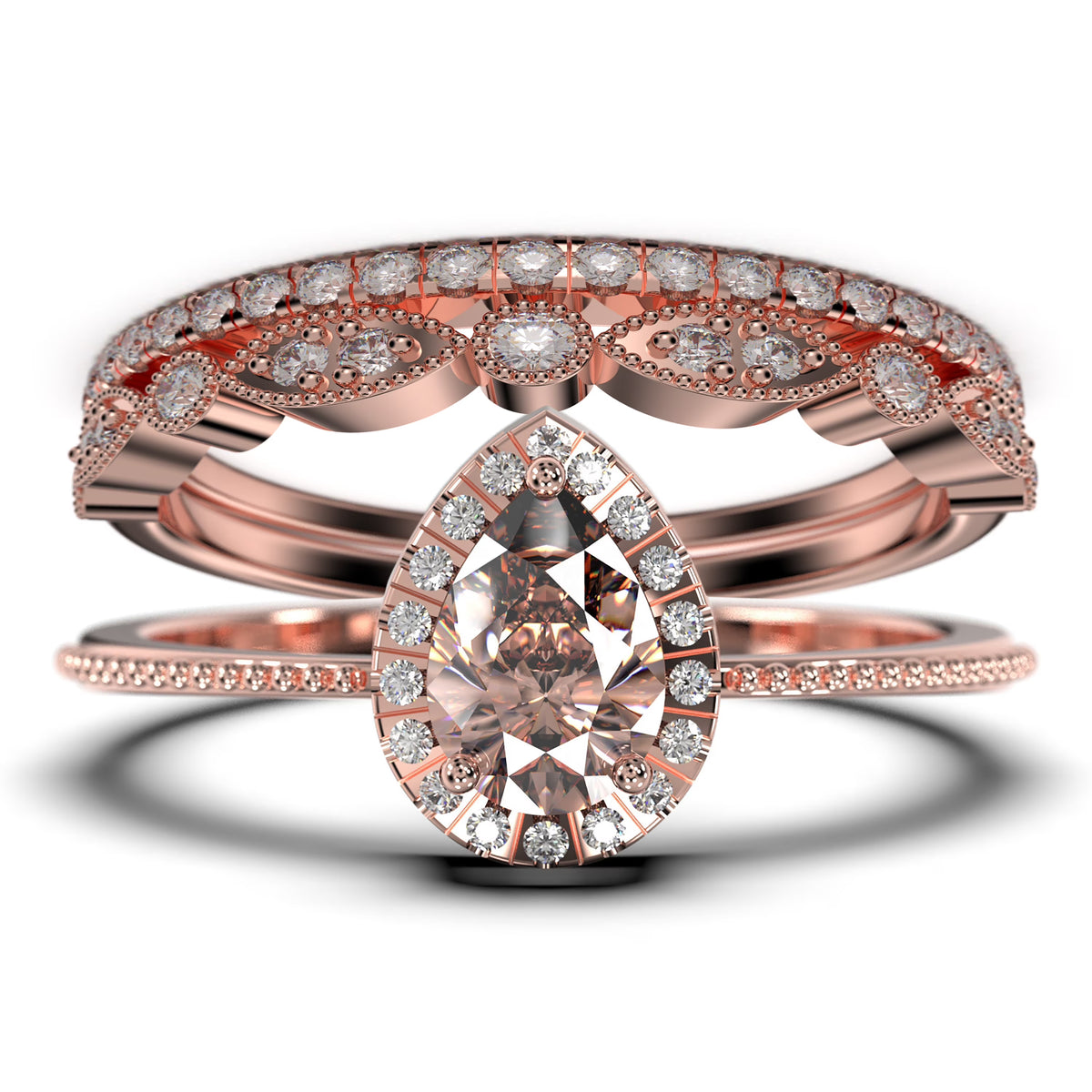 Vintage Pear Cut Morganite And Diamond Moissanite Engagement Ring Set in 925 Sterling Silver With 18k White Gold Plating N6698