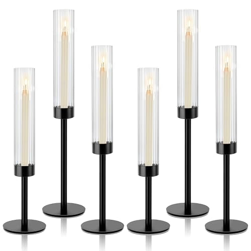 Black Glass Taper Candlestick Holders Set of 6 Q735328