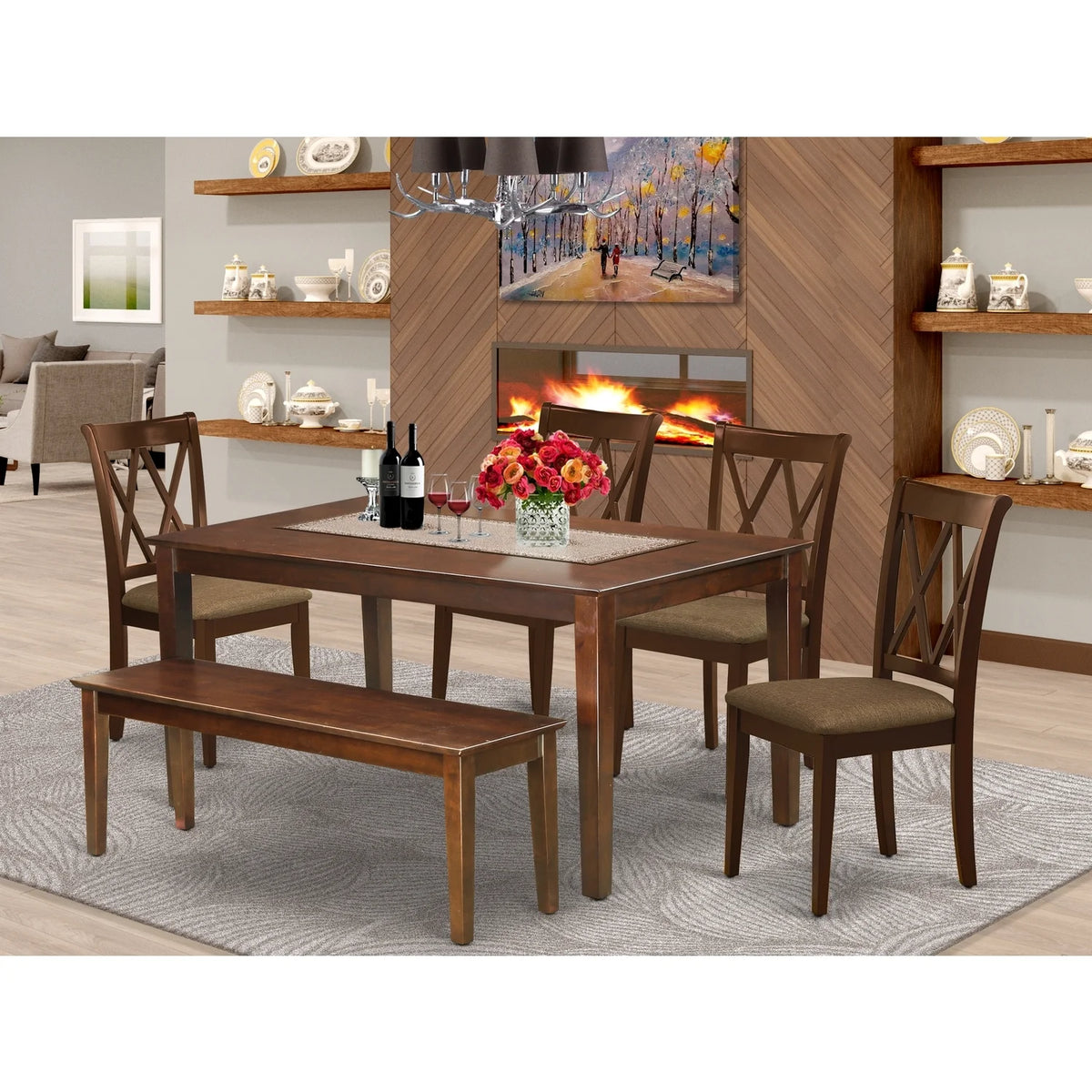 6 Pc Dining Set with Table, 4 Chairs and Bench, Mahogany Finish S55153