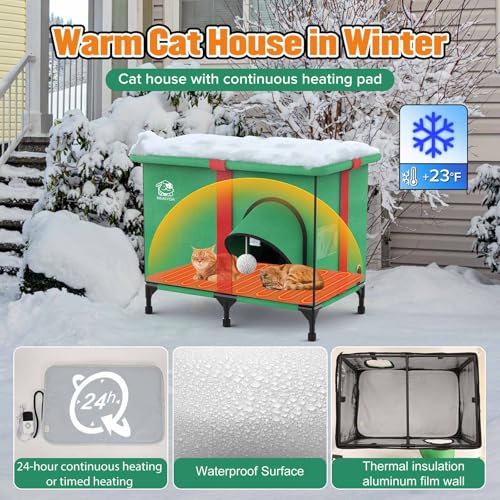 Weatherproof Insulated Outdoor Cat House with Heated Pad and Cooling Pad U428048