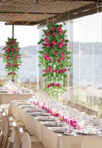 2pcs Artificial Bougainvillea Hanging Flowers 40" Faux Silk Bougainvillea Flower Vines (Rose Red) H7826