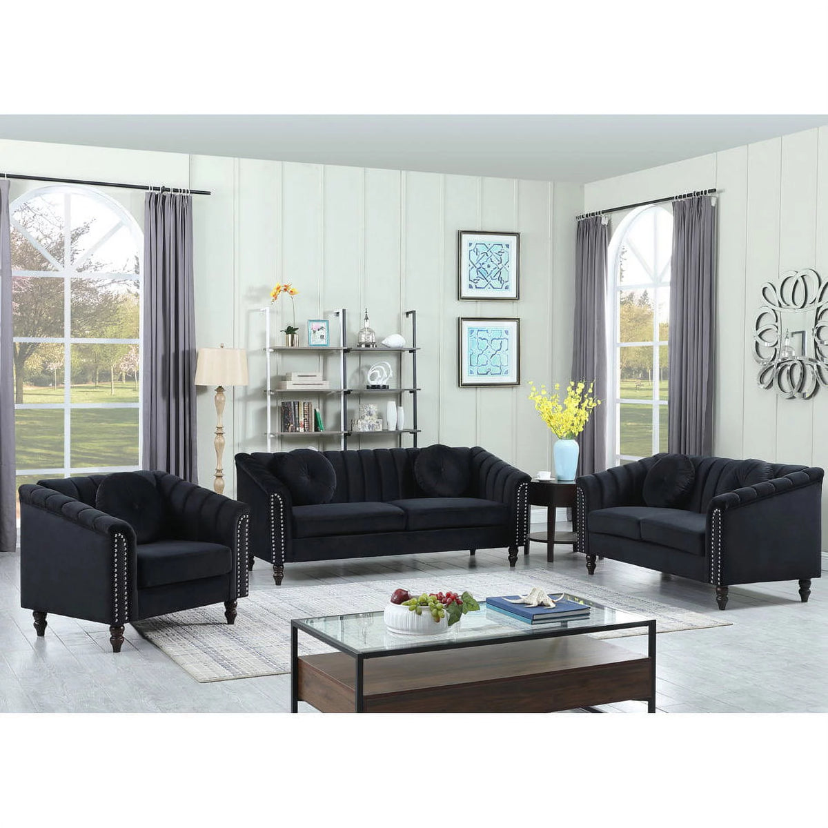 3 Piece Velvet Upholstered Sofa Loveseat and Chair O885