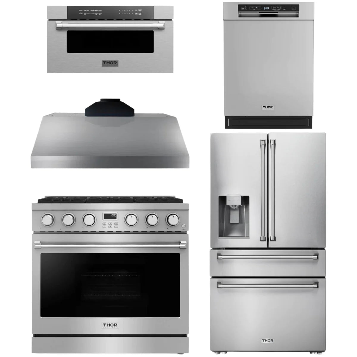 36 Gas Range, Range Hood, Refrigerator, Dishwasher and Microwave H16119