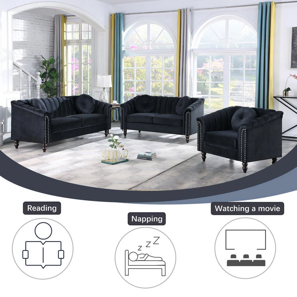 3 Piece Velvet Upholstered Sofa Loveseat and Chair O885