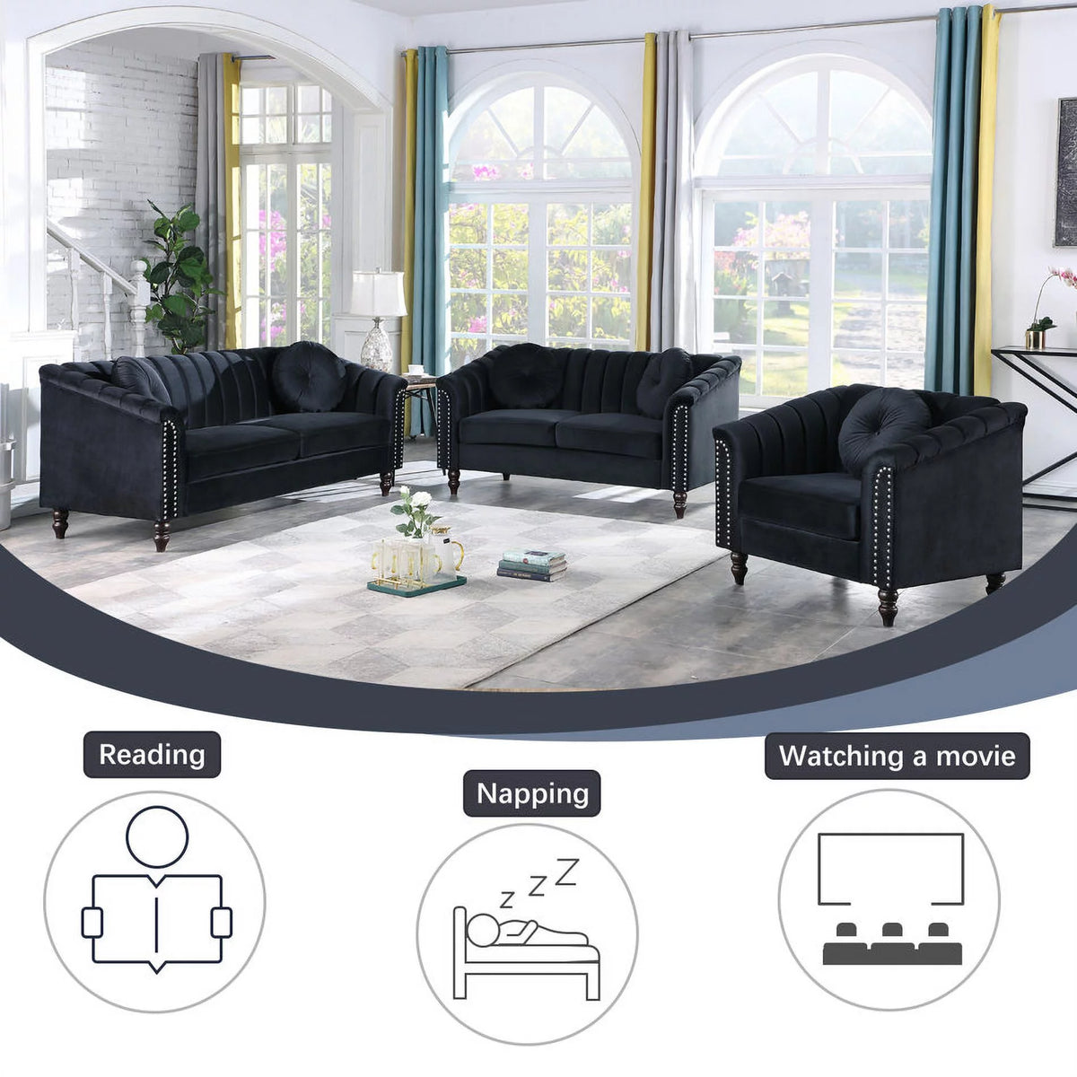 3 Piece Velvet Upholstered Sofa Loveseat and Chair O885