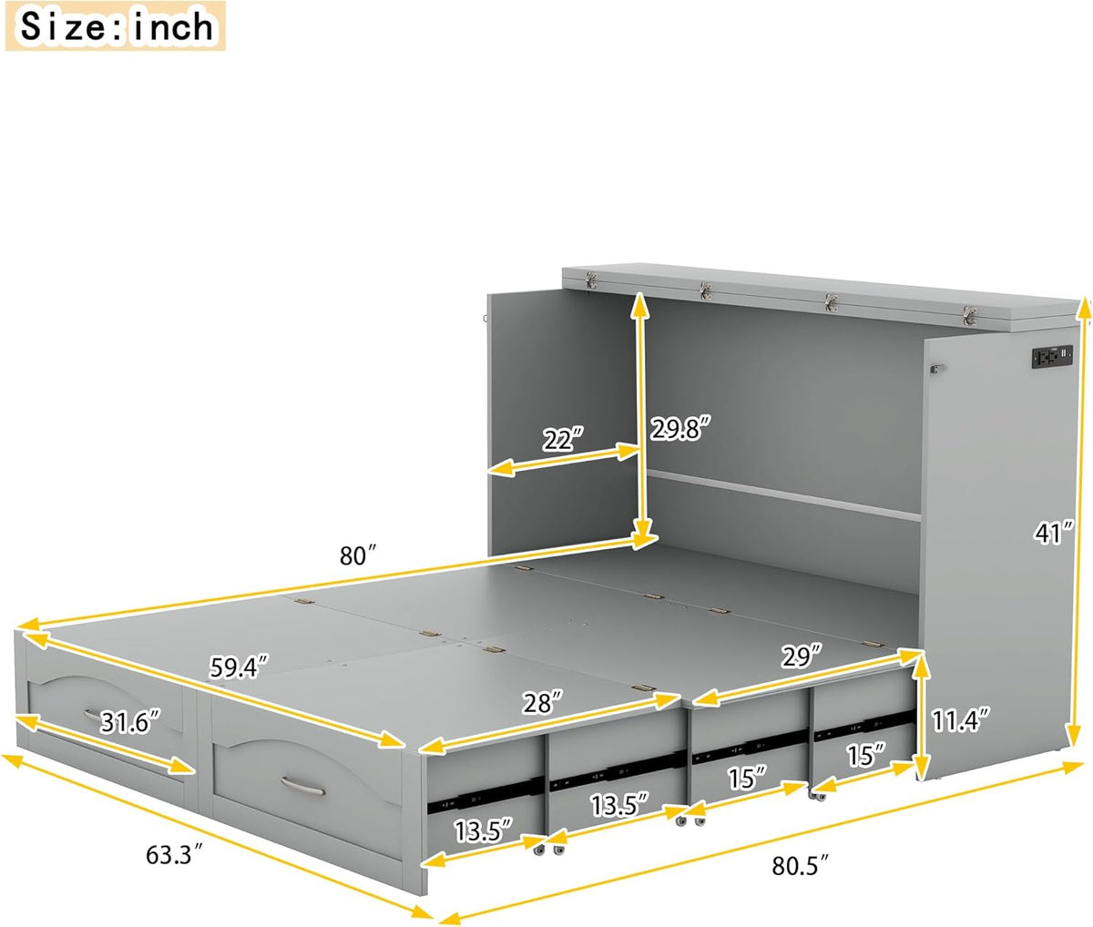 Gray Queen Size Murphy Bed with Storage Drawers T6587