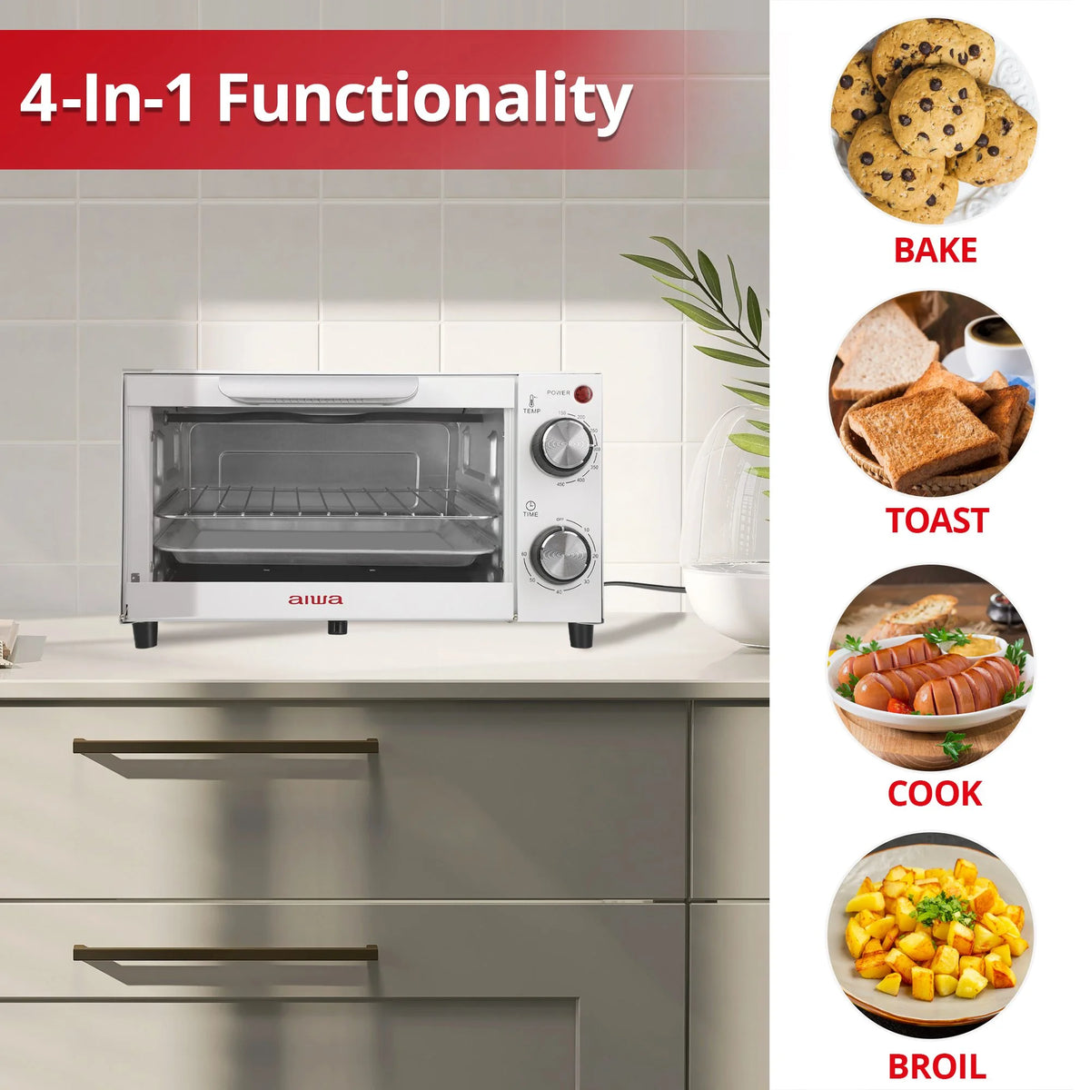 750W Red 4 Slice Toaster Oven with Baking Tray V24357