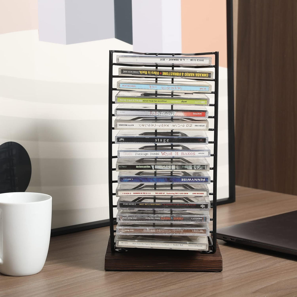 Matte Black Metal Wire Vertical CD Holder with Burnt Wood Base, Holds 15 Jewel Cases U6598