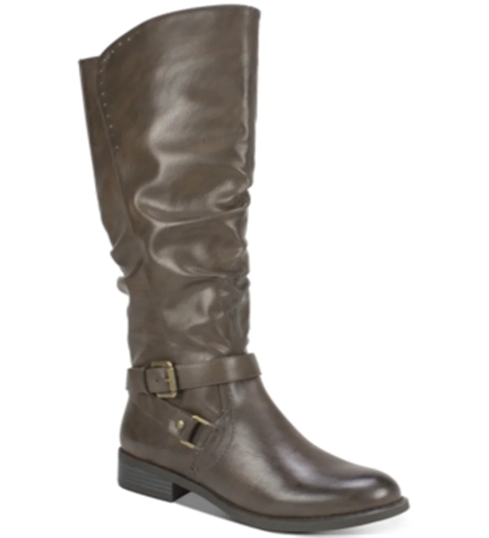 Brown Crisscross Straps Stretch Gore Cushioned Studded Buckle Accent Almond Toe Block Heel Zip-Up Riding Boot A319981