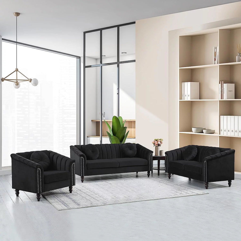 3 Piece Velvet Upholstered Sofa Loveseat and Chair O885