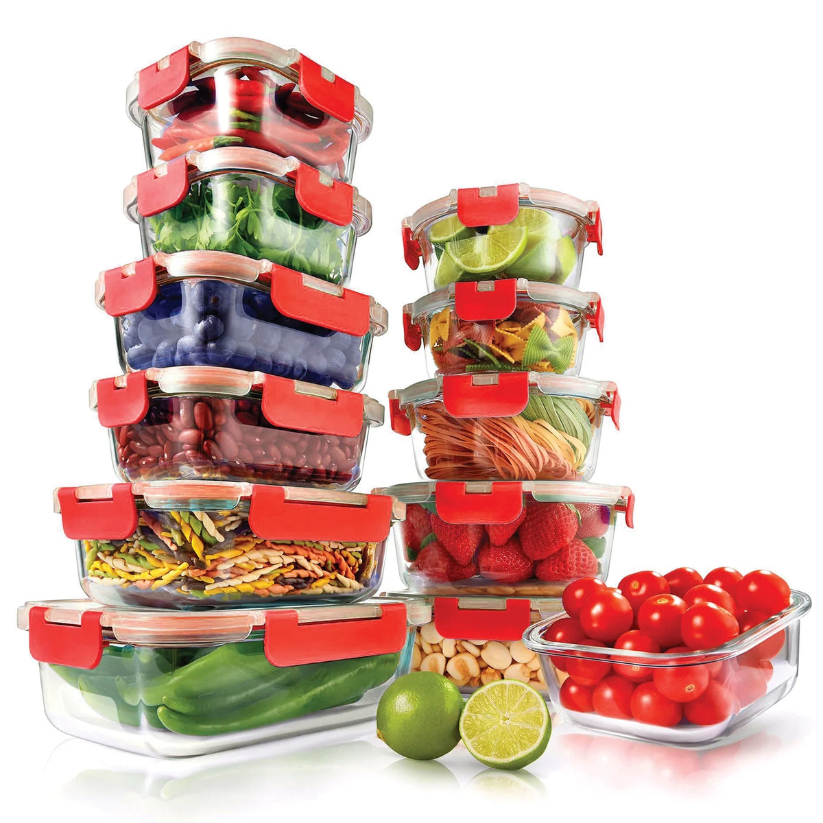 24-Piece Glass Food Storage Set with Locking Hinge Red Lids Y698