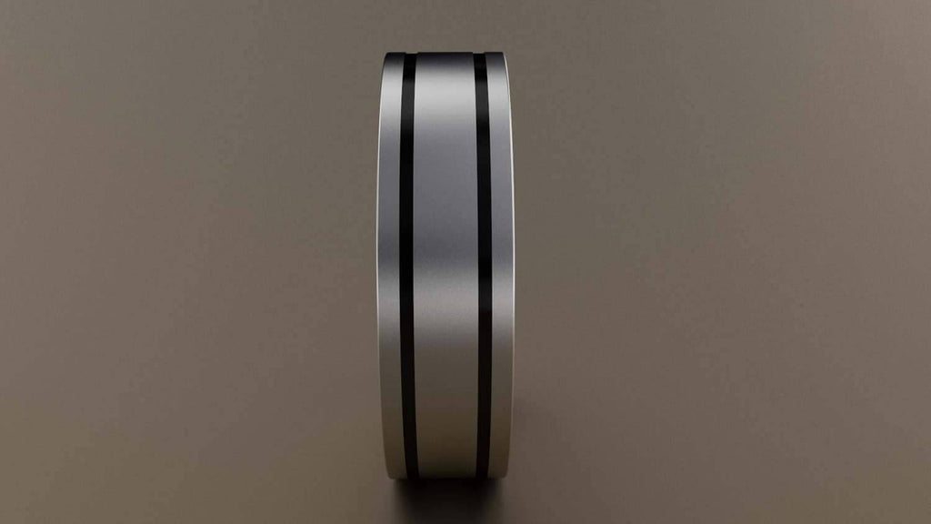 Brushed White Gold 6mm Double Black Groove Wedding Band 18kt V86429