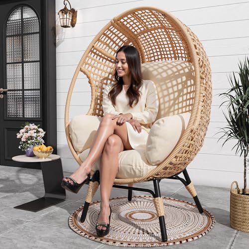 Oversized Wicker Egg Chair with Stand Cushion 500lbs Capacity U3309