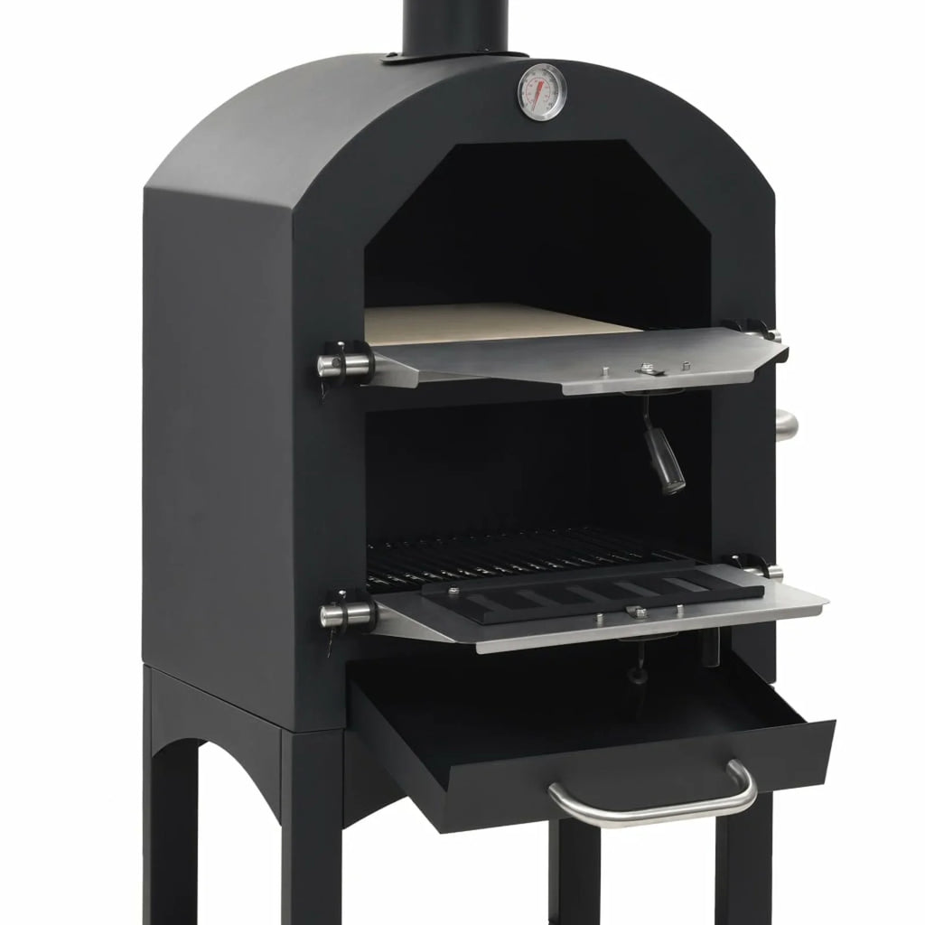 Charcoal Fired BBQ Grill Pizza Oven with Bottom Shelf and Fire Tray Wheeled Steel P9125