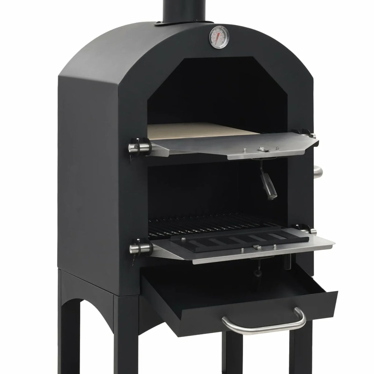 Charcoal Fired BBQ Grill Pizza Oven with Bottom Shelf and Fire Tray Wheeled Steel P9125