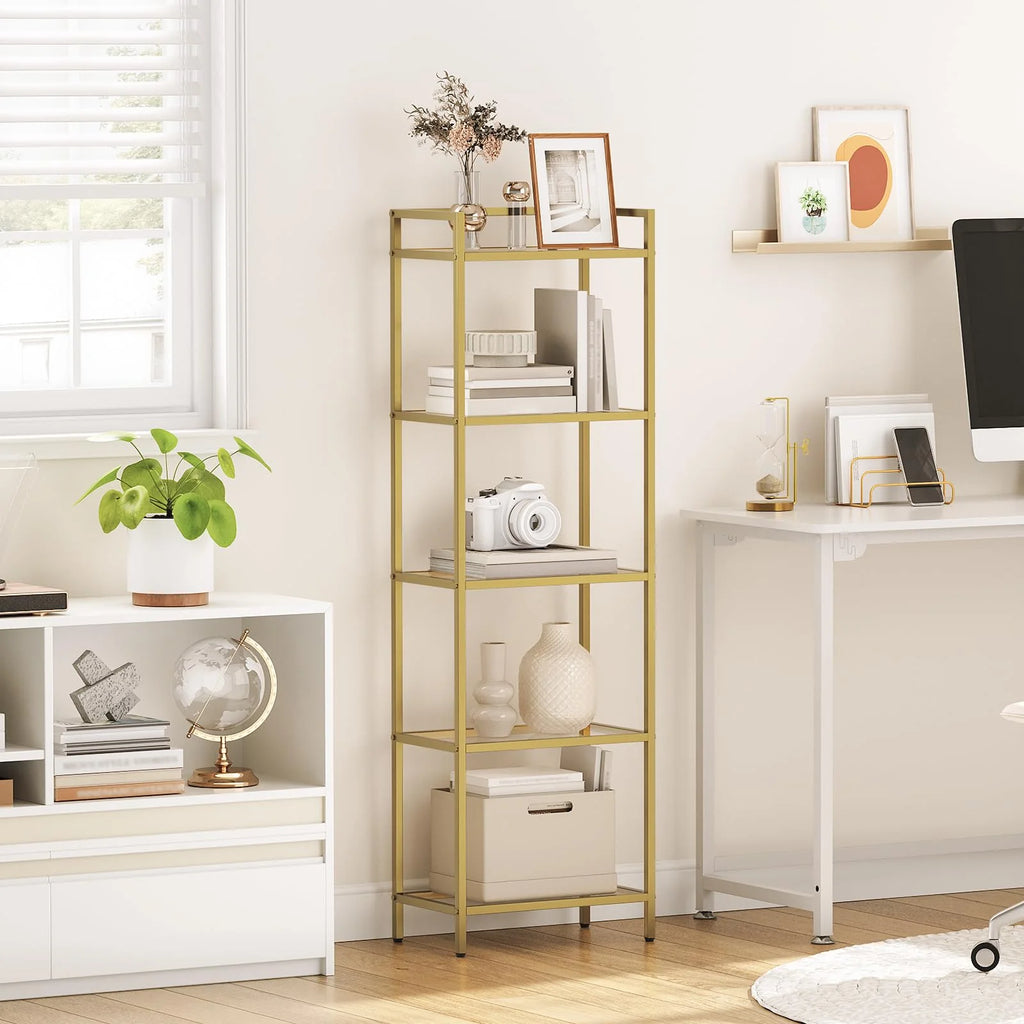 5-Tier Gold Bookcase with Tempered Glass Shelves I9454