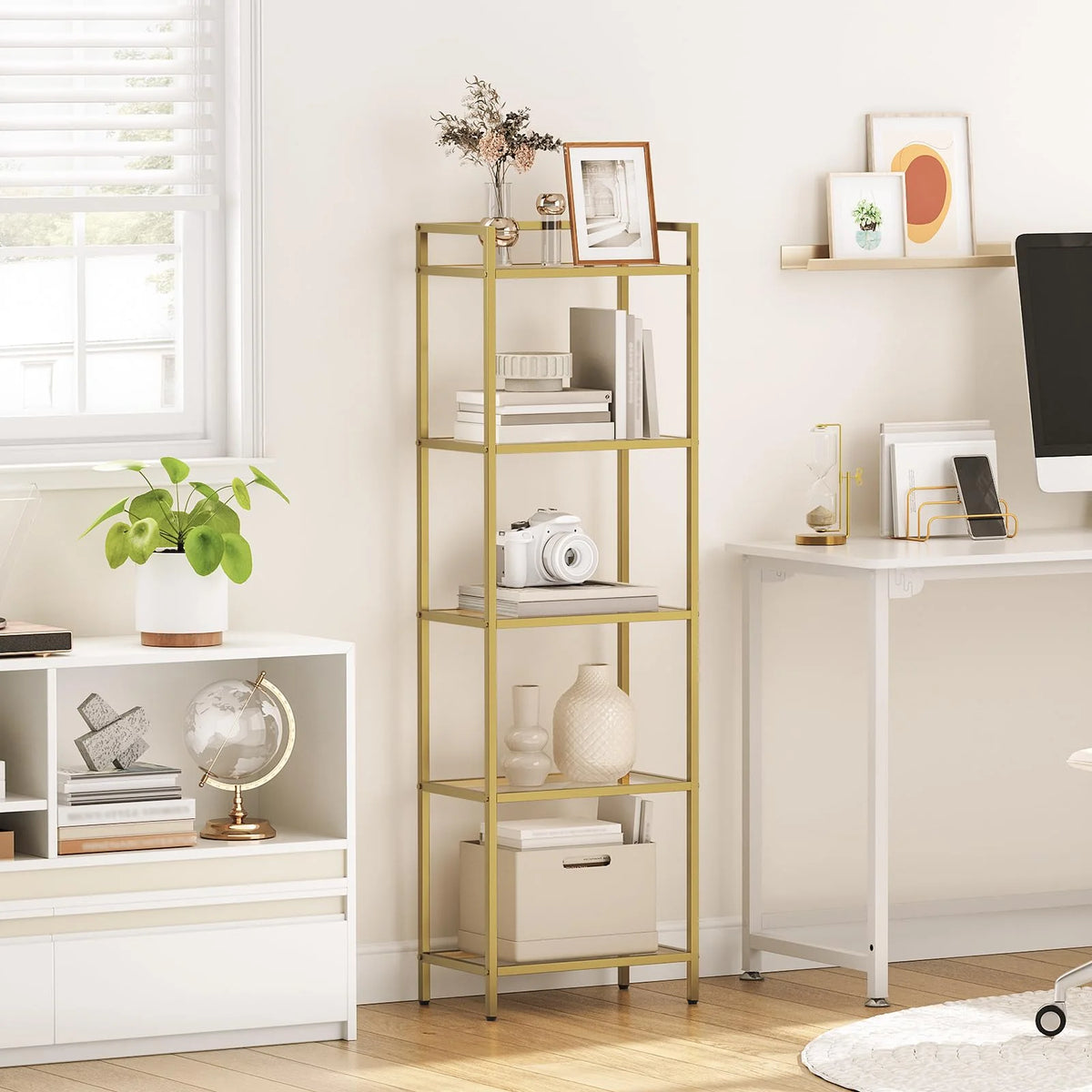 5-Tier Gold Bookcase with Tempered Glass Shelves I9454