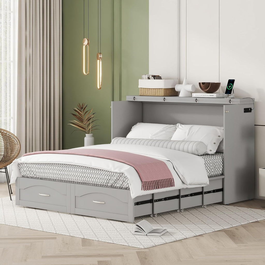 Gray Queen Size Murphy Bed with Storage Drawers T6587