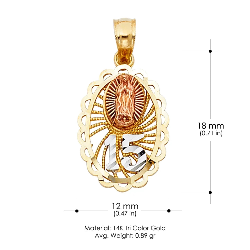 14K Tri Color Gold Virgin Mary Round Charm Pendant G1502