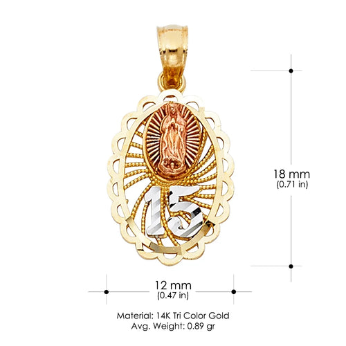 14K Tri Color Gold Virgin Mary Round Charm Pendant G1502