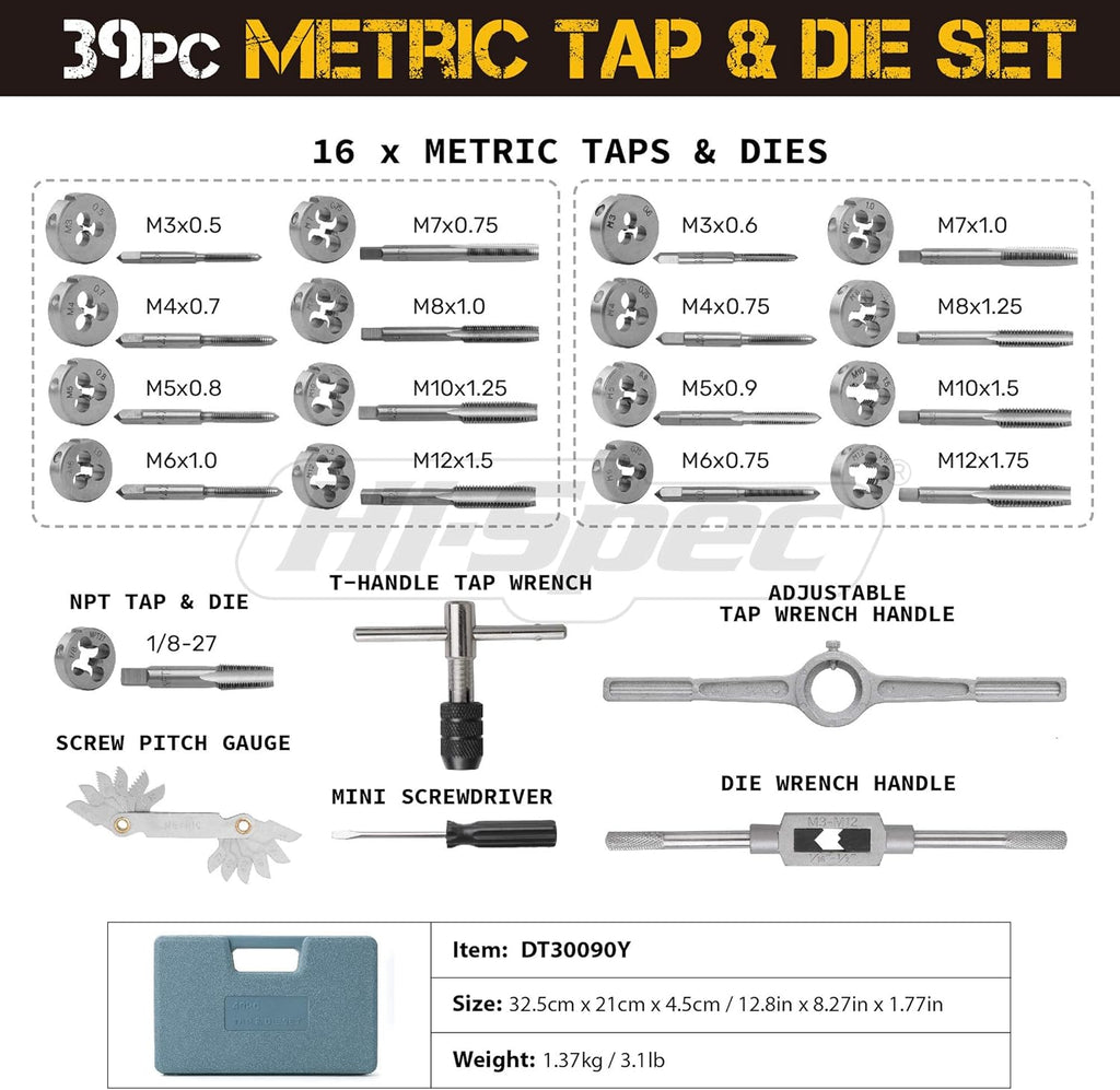 39 Piece Metric Tap & Die Set with Screw Pitch Gauge in Tray Case T750279
