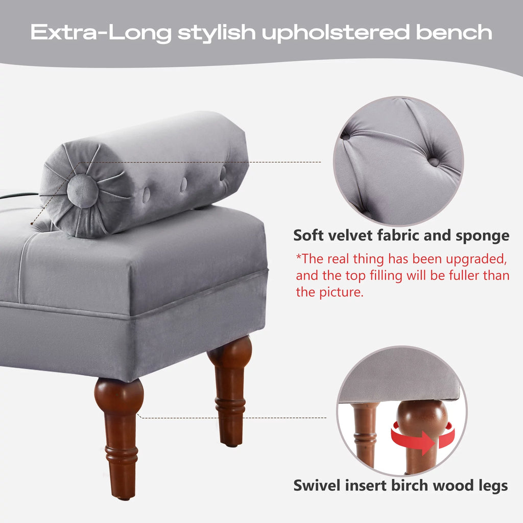 60.2 Inch Grey Tufted Upholstered Bench with 2 Pillows Q163622