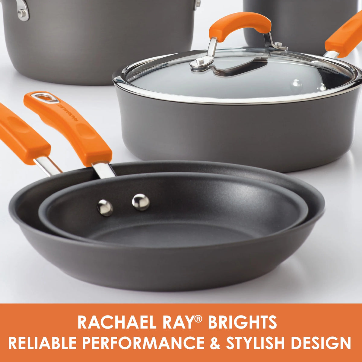 14 Piece Hard Anodized Nonstick Pots and Pans Set, Gray with Orange Handles J1242