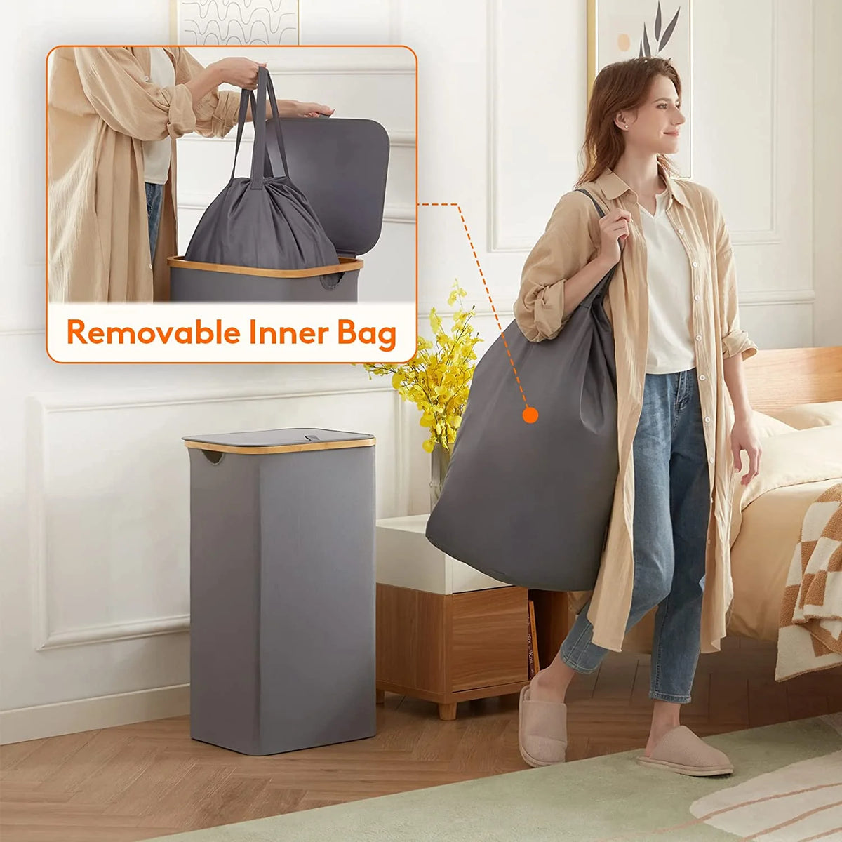 100L Laundry Basket with Lid Removable Bag Grey R4471