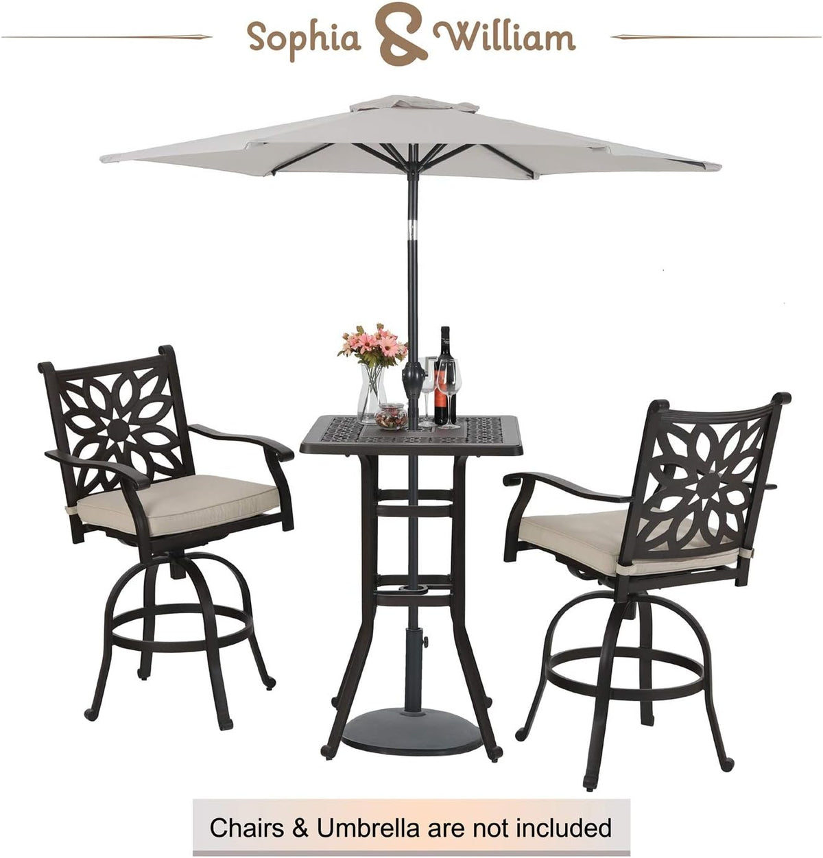 3 Pieces Cast Aluminum Bar Set with 2 Swivel Bar Height Chairs and 1 Square Table G766239
