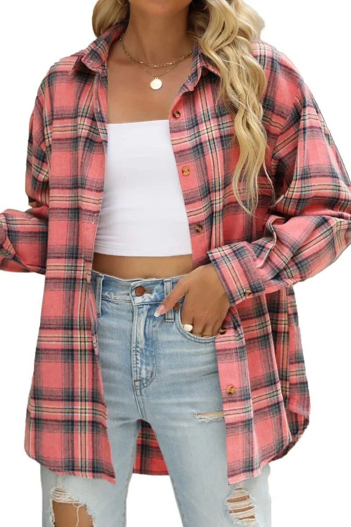 Plaid Flannel Oversized Long Sleeve Button Down Shirt S580651