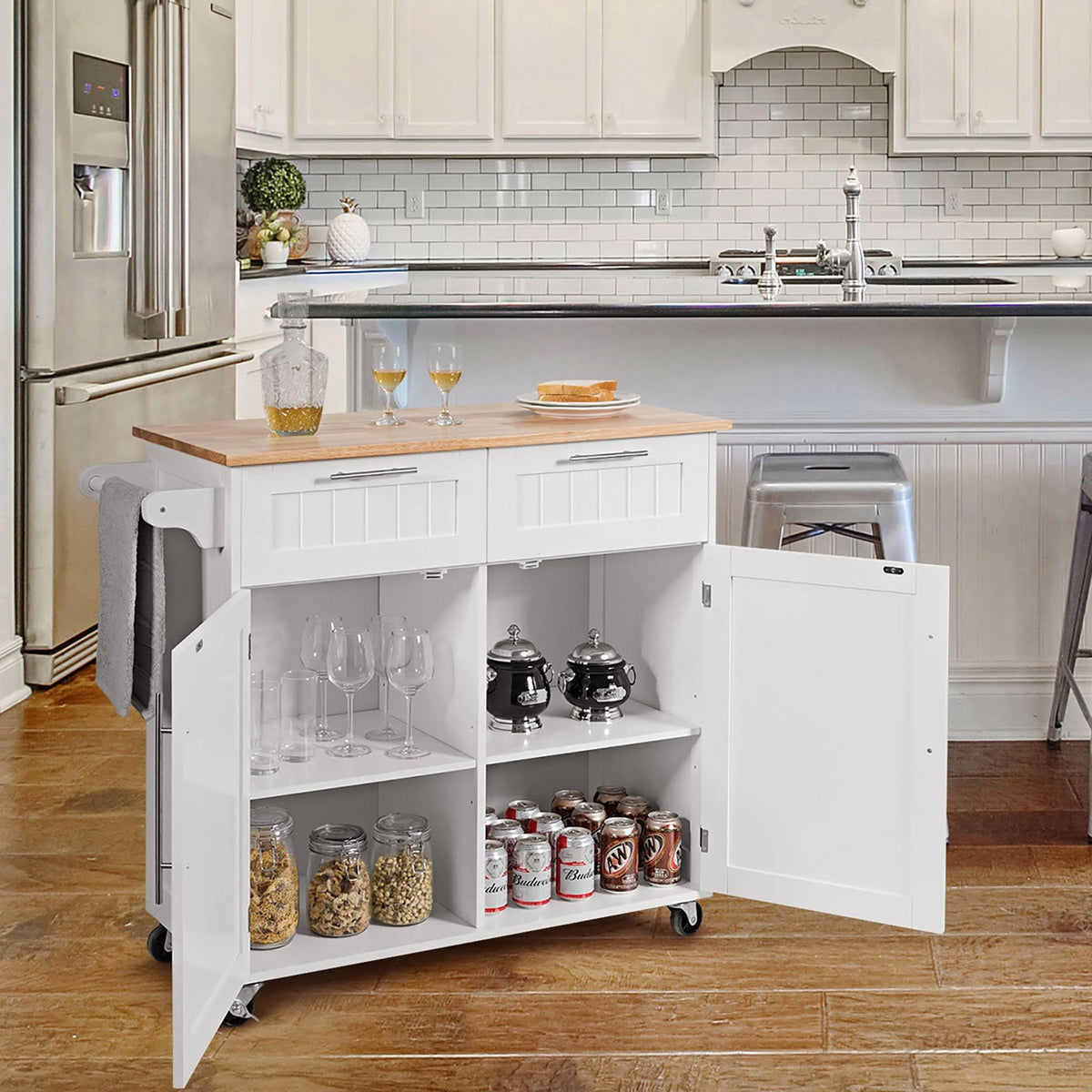White Wood Rolling Kitchen Cart V676215