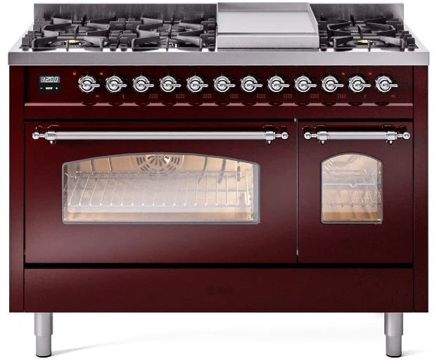 48 Dual Fuel Natural Gas Range in Burgundy with Chrome Trim E322540