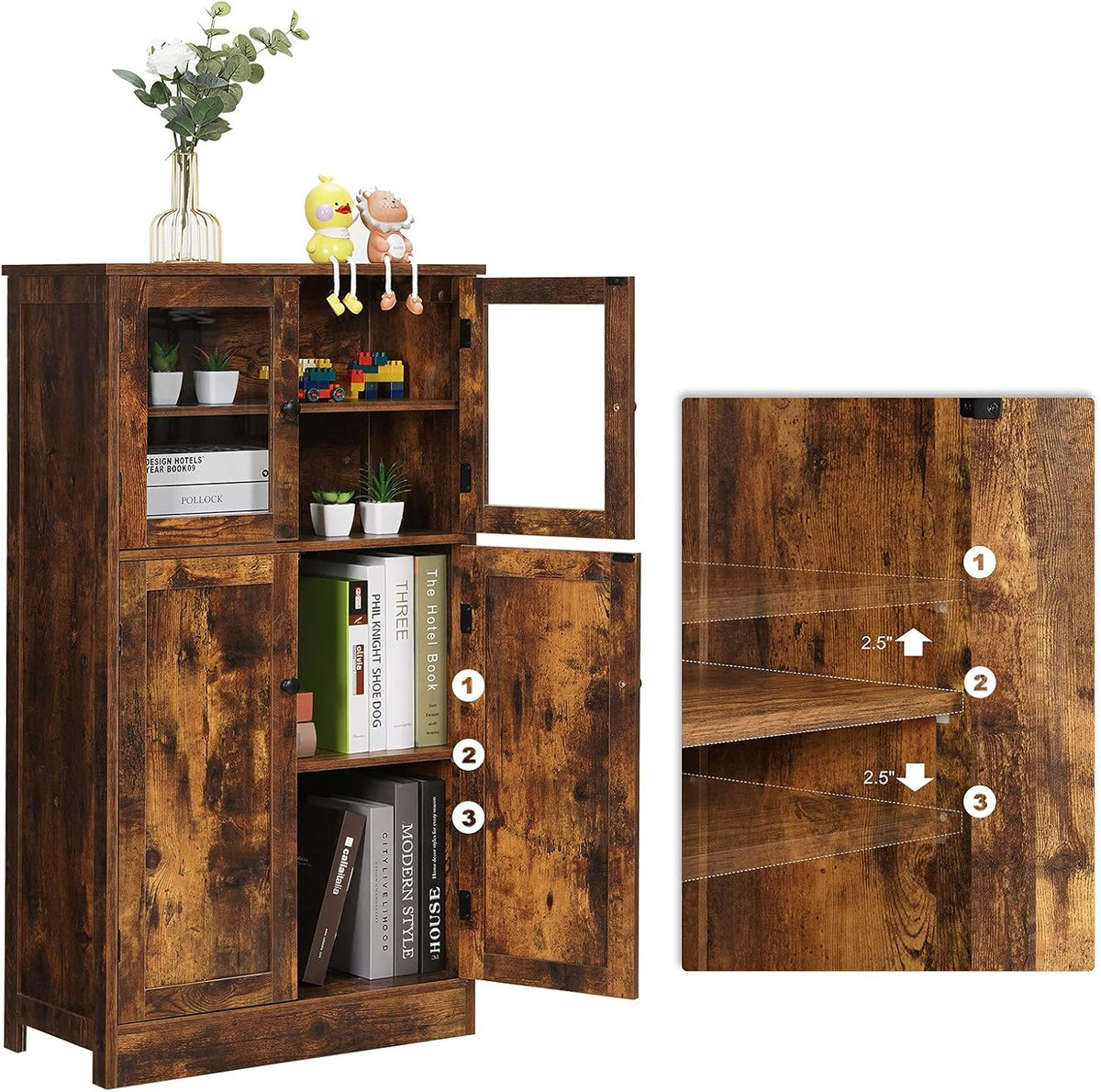 Rustic Brown Freestanding Bathroom Floor Storage Cabinet with Glass Door and Adjustable Shelf N31442