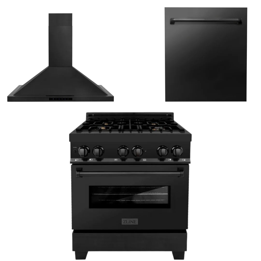 30 In. Dual Fuel Range, Range Hood, Dishwasher in Black Stainless Steel Y536