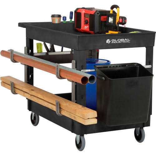 Industrial Utility Cart, Plastic 2 Tray Black Shelf, 5 inch Rubber Casters N69630