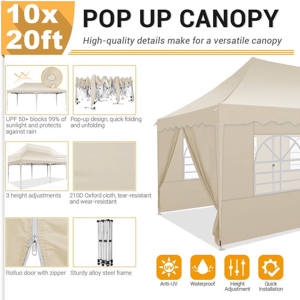 10' x 20' Pop Up Canopy Party Tent with Carry Bag, Khaki K1521