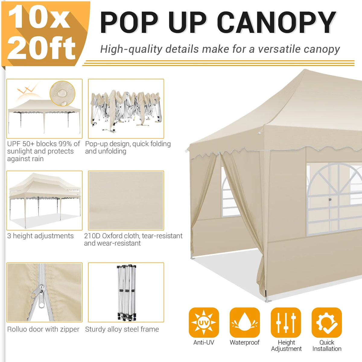 10' x 20' Pop Up Canopy Party Tent with Carry Bag, Khaki K1521
