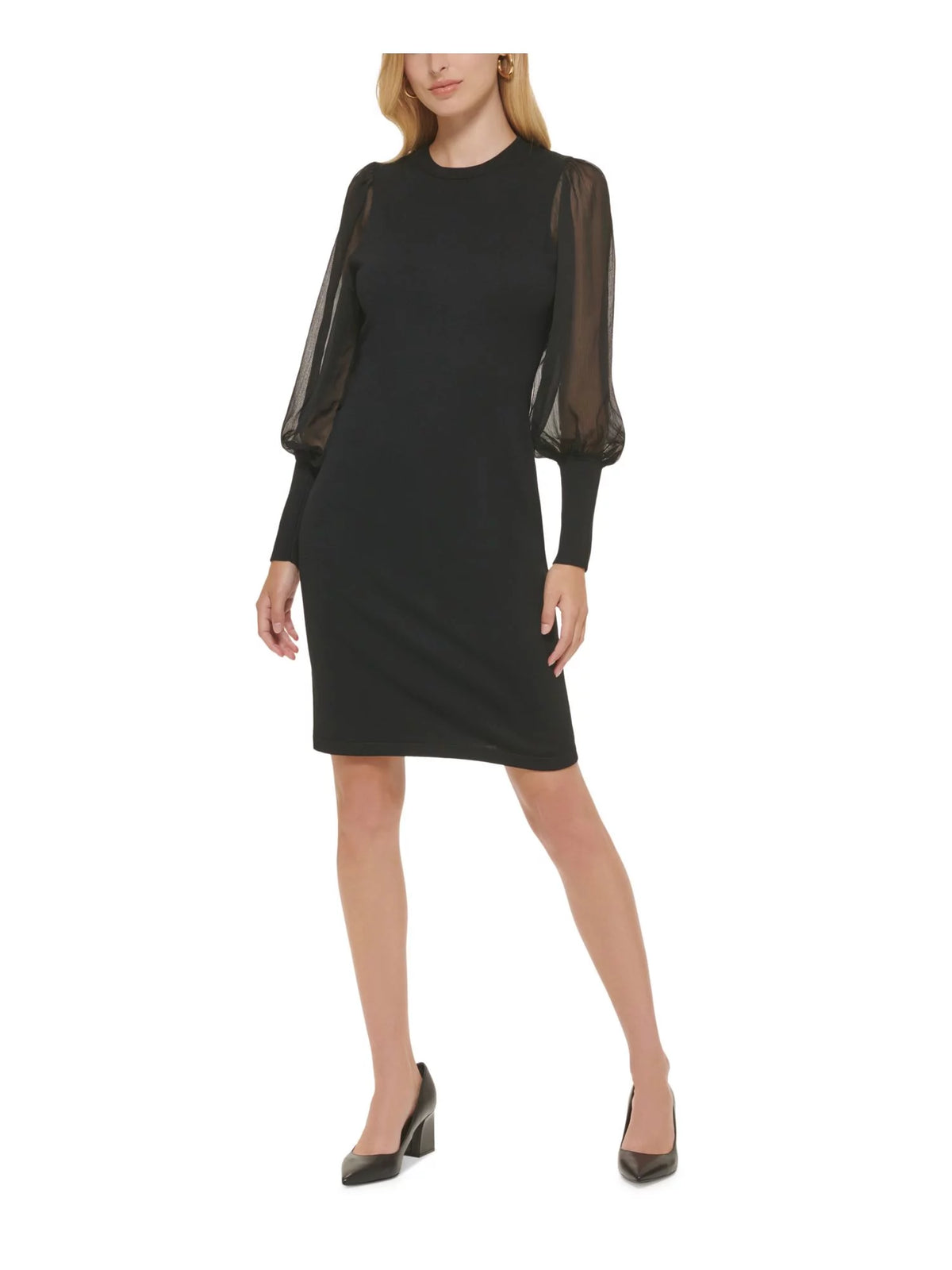 Black Ribbed Sheer Crew Neck Knee Length Sheath Dress R360