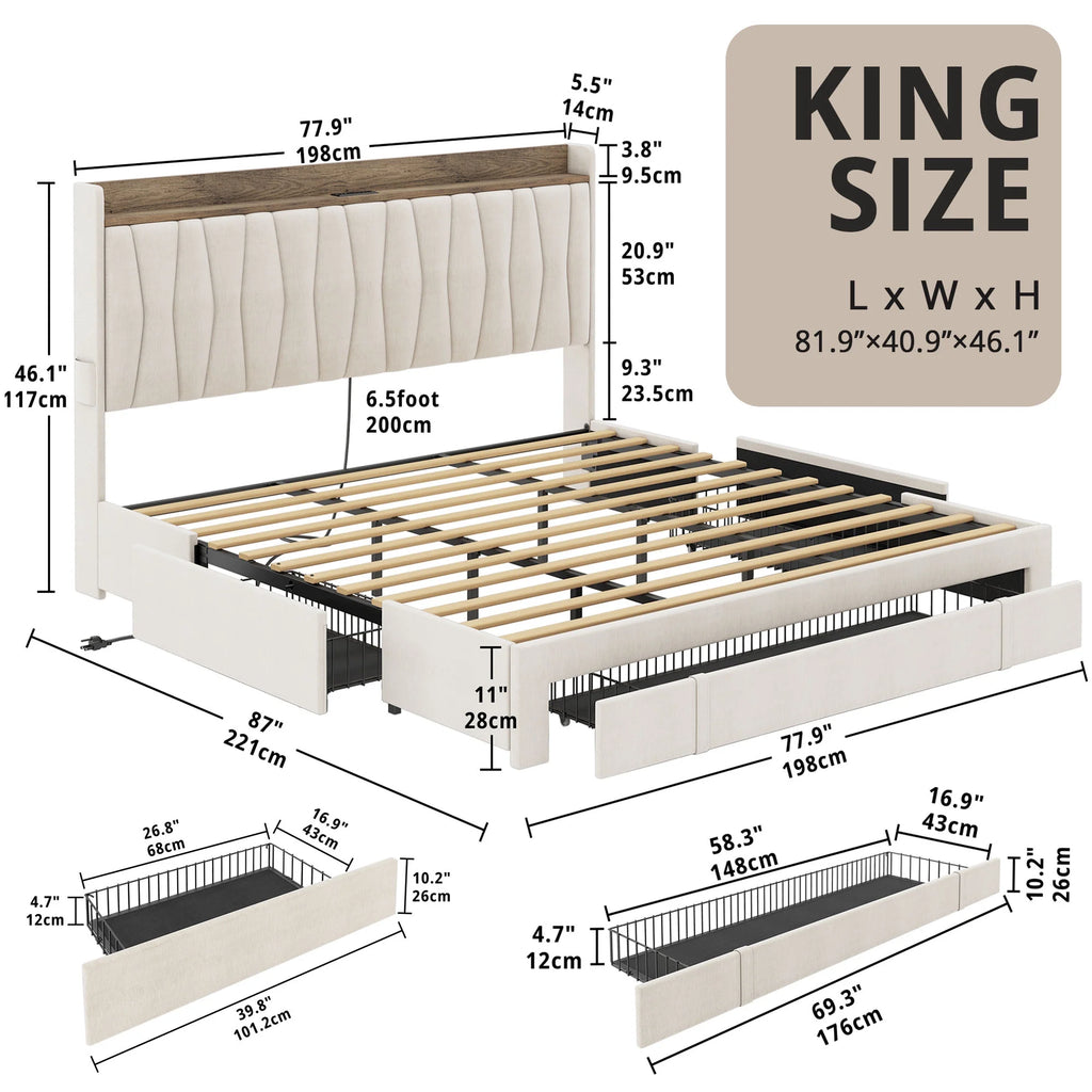Queen Bed Frame with Upholstered Storage Headboard, 3 Drawers E272