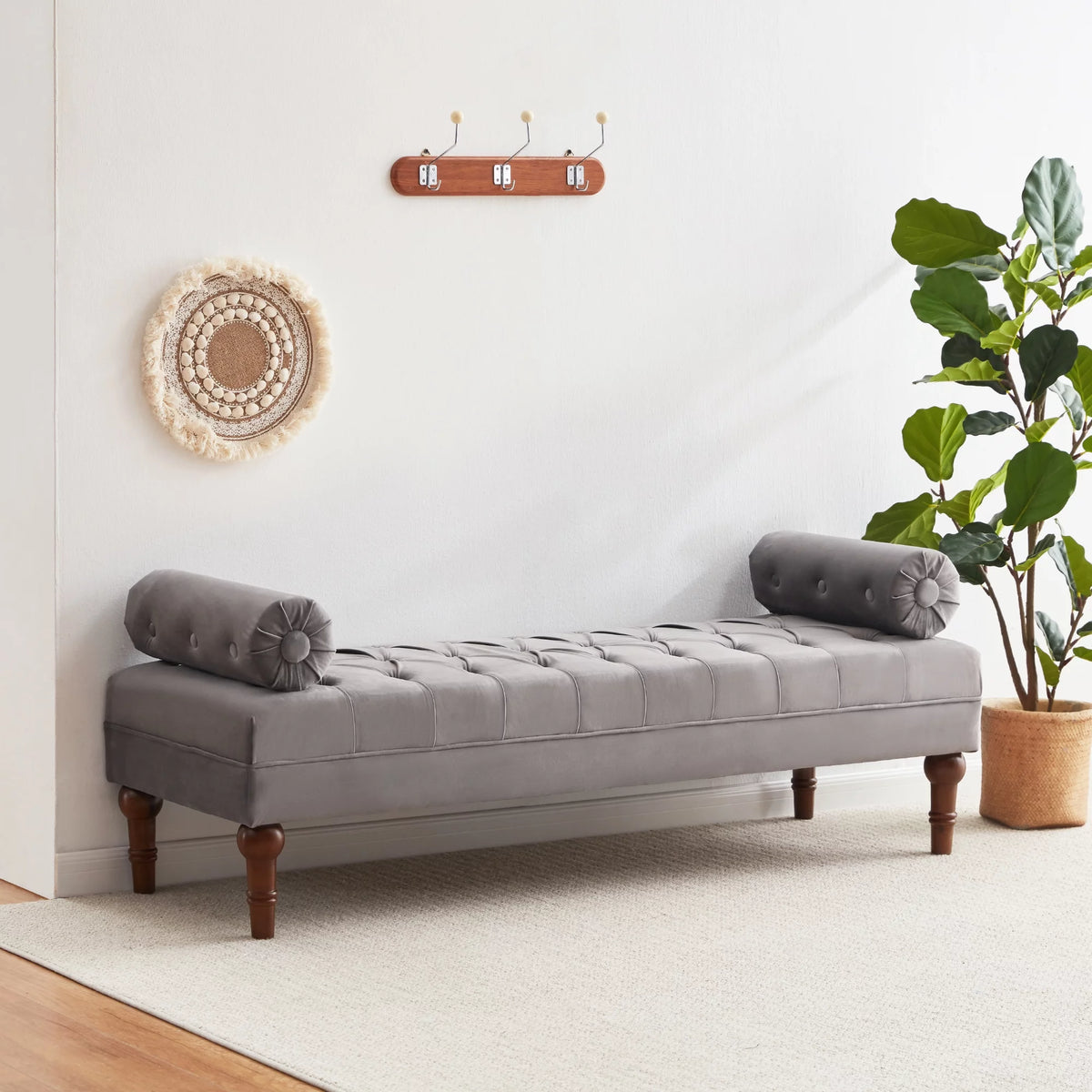 60.2 Inch Grey Tufted Upholstered Bench with 2 Pillows Q163622