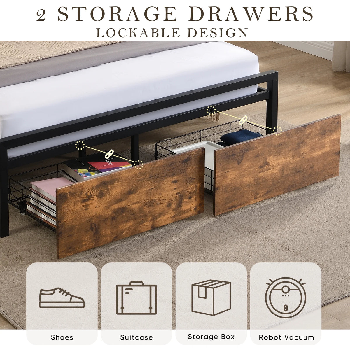 Full Size Platform Bed Frame with LED Lights & 2 Drawers O85104