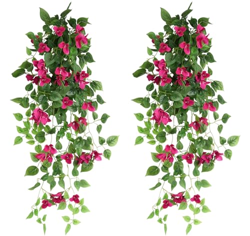 2pcs Artificial Bougainvillea Hanging Flowers 40" Faux Silk Bougainvillea Flower Vines (Rose Red) H7826