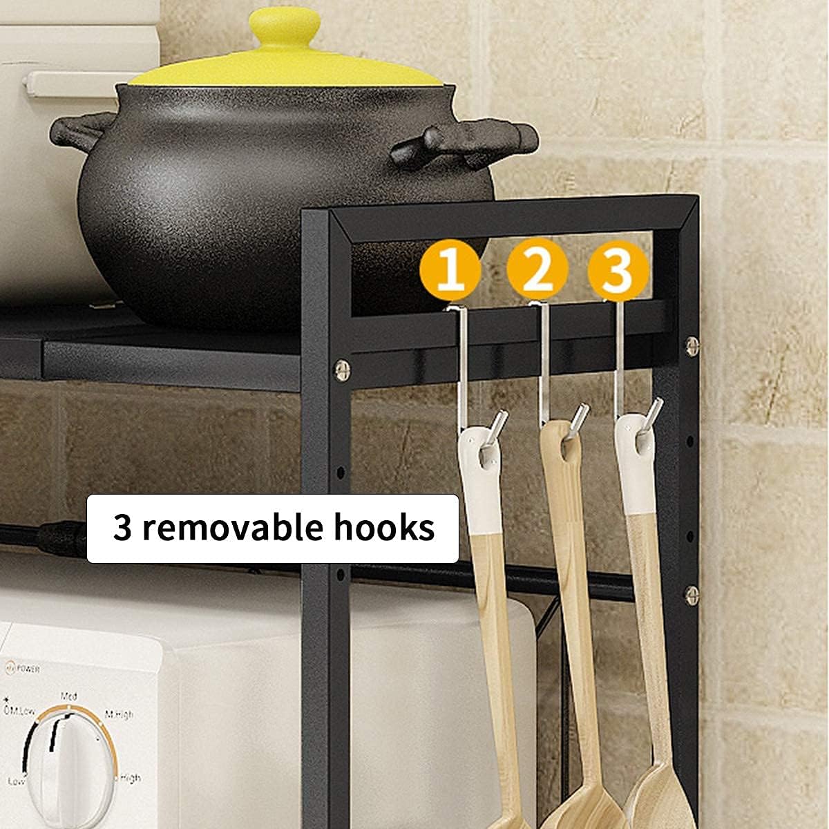 3-Tier Adjustable Heavy Duty Microwave Rack with 3 Hooks Carbon Steel Matte Black O62582
