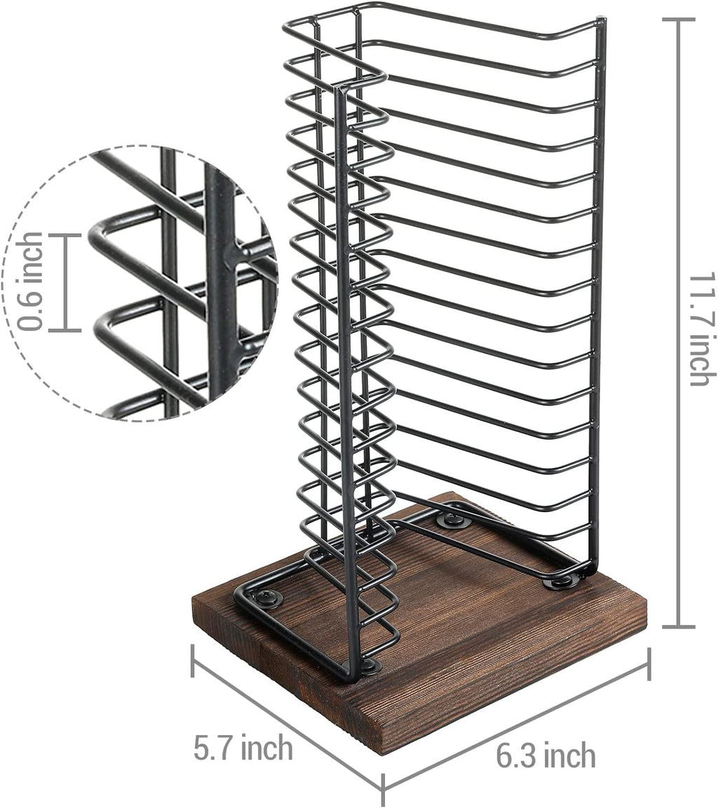 Matte Black Metal Wire Vertical CD Holder with Burnt Wood Base, Holds 15 Jewel Cases U6598
