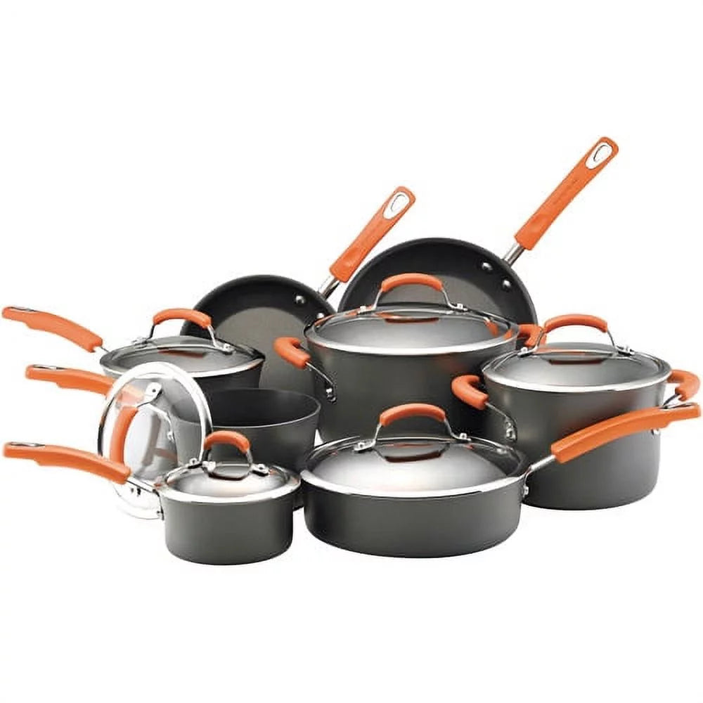 14 Piece Hard Anodized Nonstick Pots and Pans Set, Gray with Orange Handles J1242
