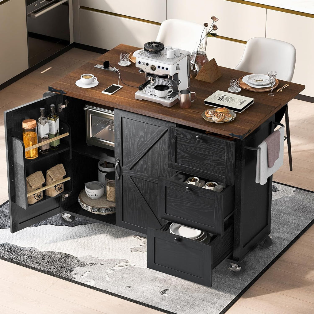 Black Kitchen Island with Power Outlet and Drop Leaf E50398